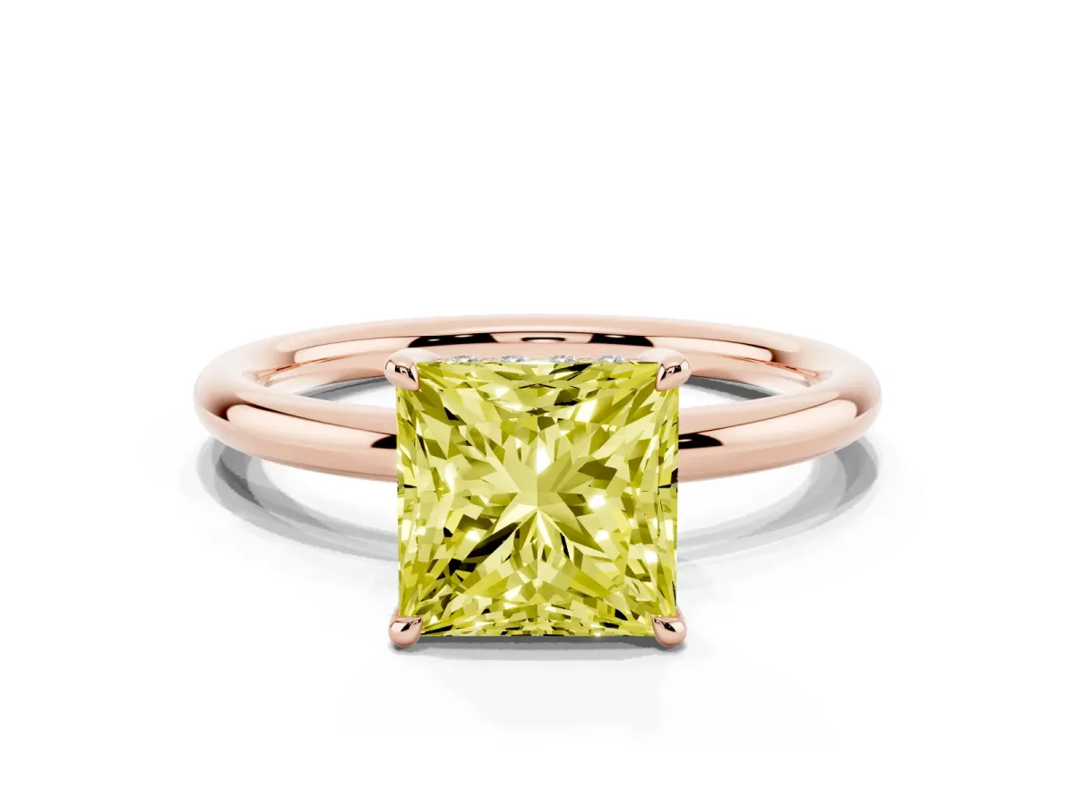 Fancy Yellow Princess Cut Diamond Solitaire Ring with Thin Band and Four-Prong Setting Rose gold