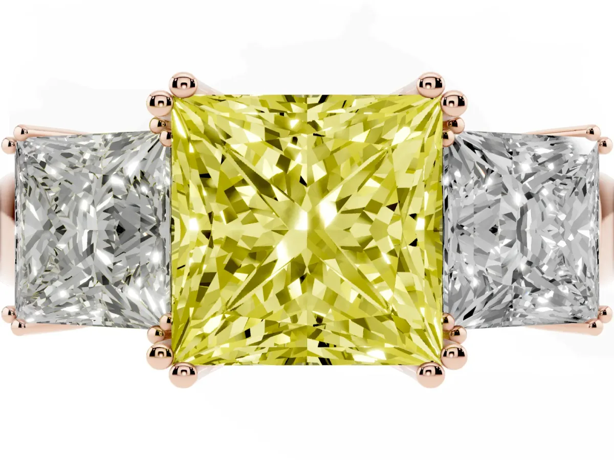 Fancy Yellow Three-Stone Princess Cut Cut Diamond Ring with Channel Set Band and Four-Prong Setting Rose gold