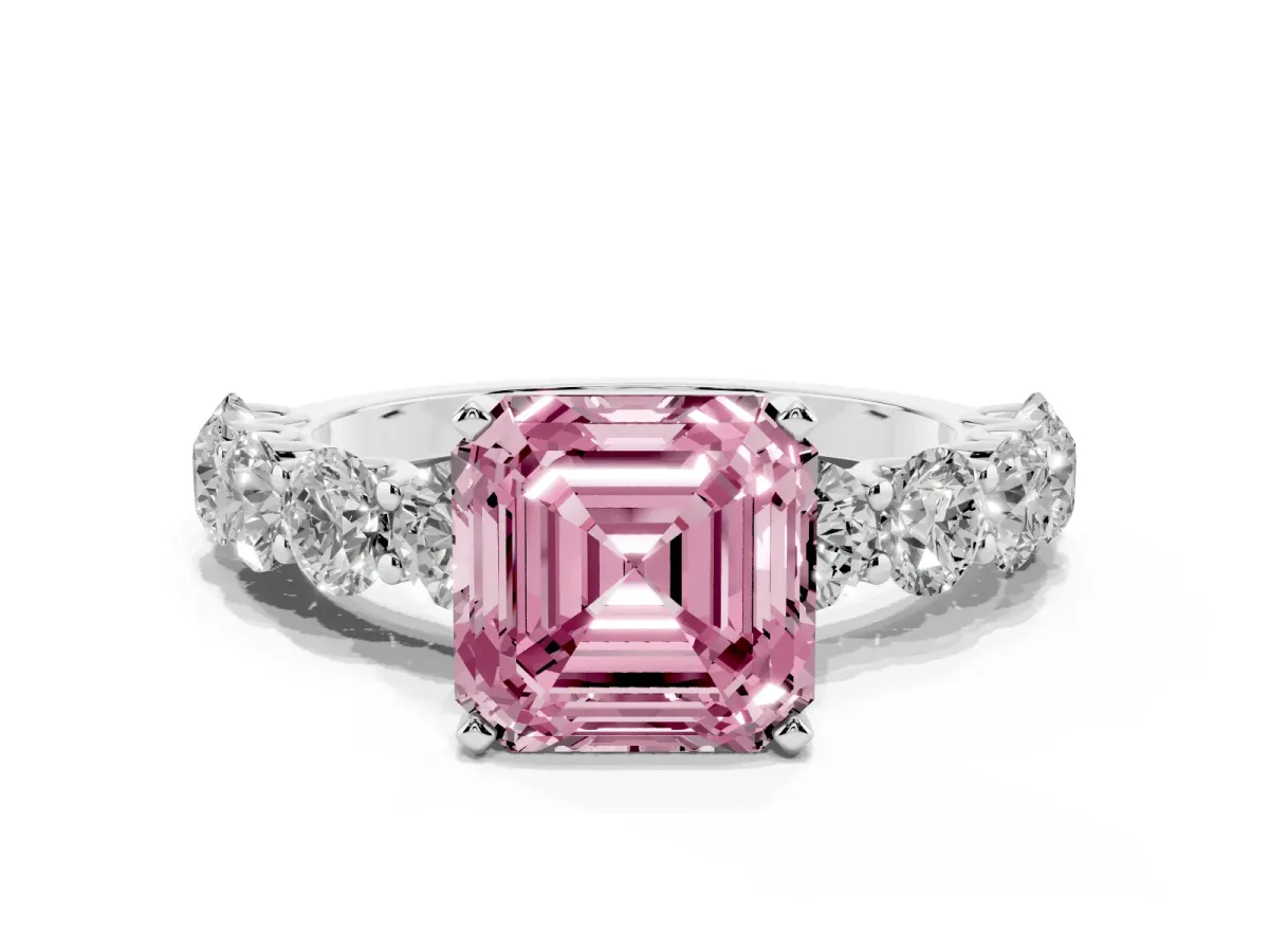 Fancy Pink Asscher Cut Diamond Prong Setting with Side Stones on a Pave Band Silver
