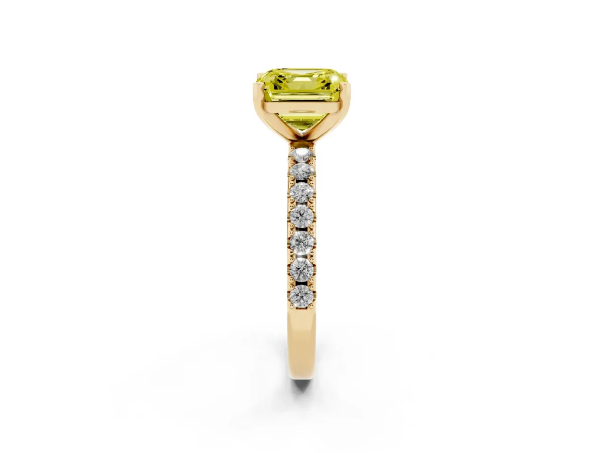 Fancy Yellow Asscher Cut Diamond Solitaire Pavé Band with Four-Prong Setting Yellow gold
