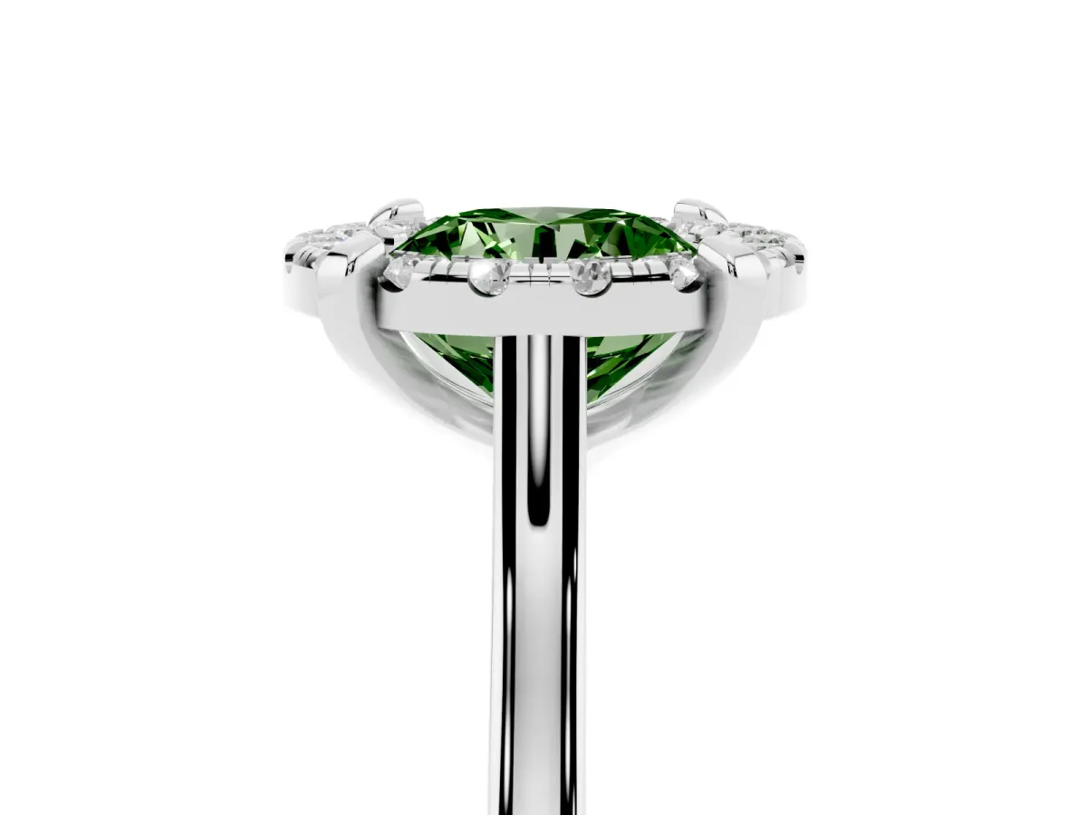 Fancy Green Round Cut Diamond Cluster Halo Solitaire with Four-Prong Setting Platinum