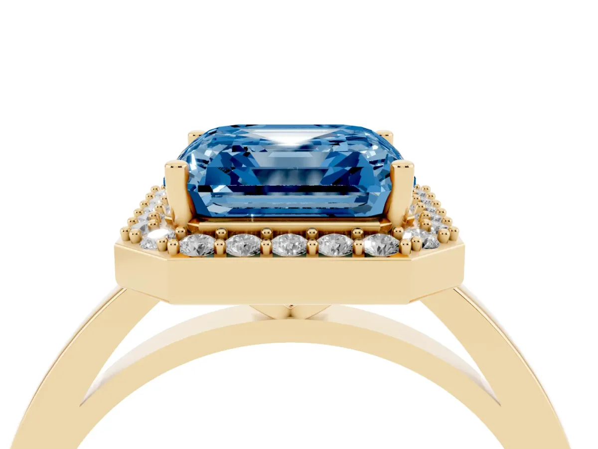 Fancy Blue Asscher Cut Halo Diamond Ring with Solitaire Band and Prong Setting Yellow gold