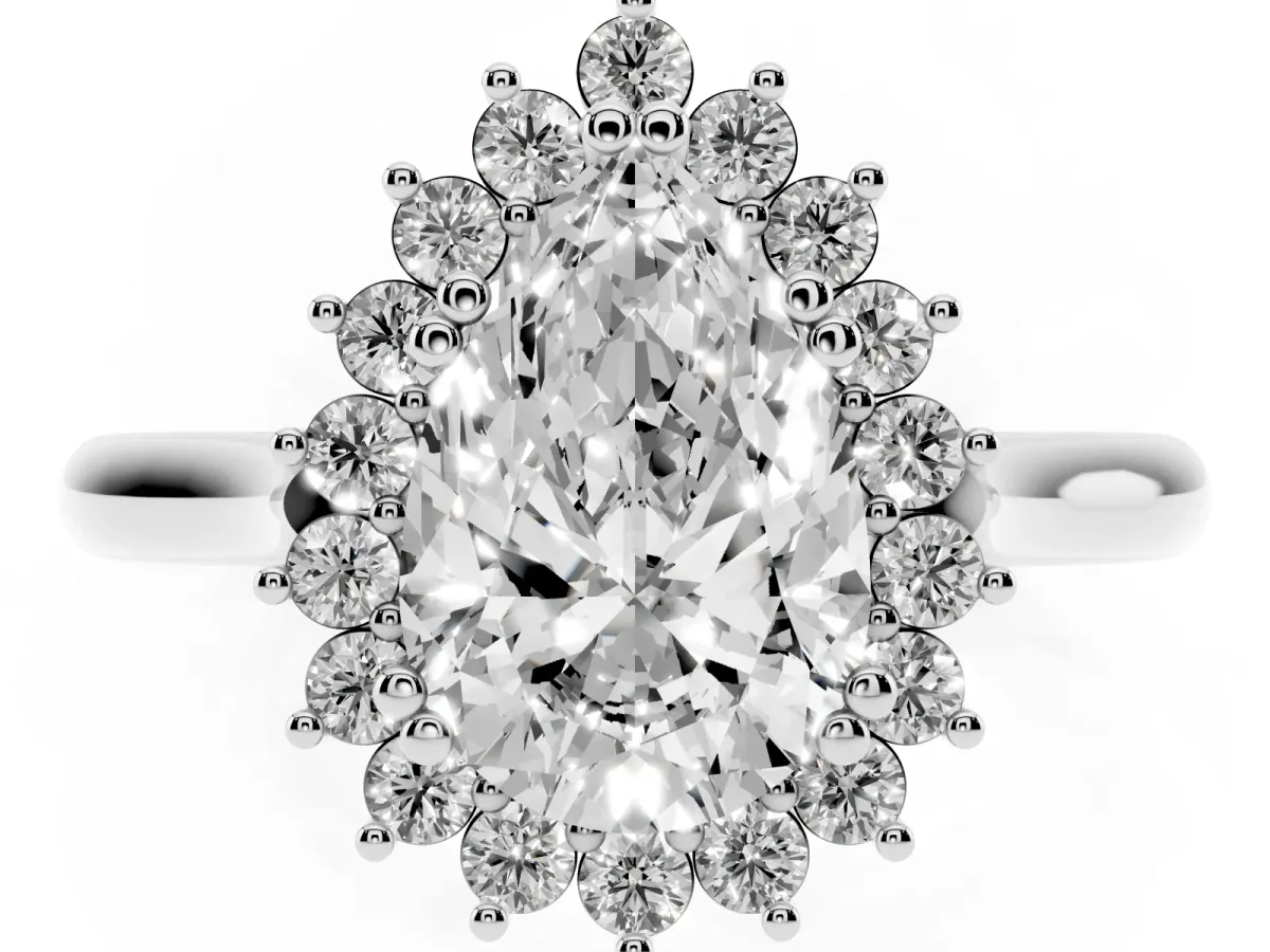 Pear Cut Cut Diamond Halo Ring with Solitaire Band and Prong Setting Silver