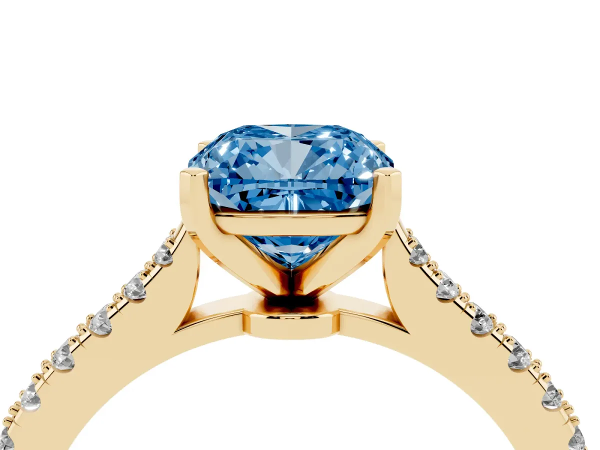Fancy Blue Cushion Cut Cut Solitaire Diamond Engagement Ring with Pave Band and Four-Prong Setting Yellow gold