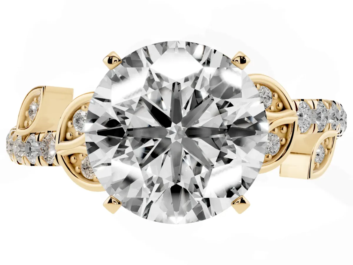 Round Cut Solitaire Leaf-Inspired Diamond Ring with Pavé Band and Four-Prong Setting Yellow gold