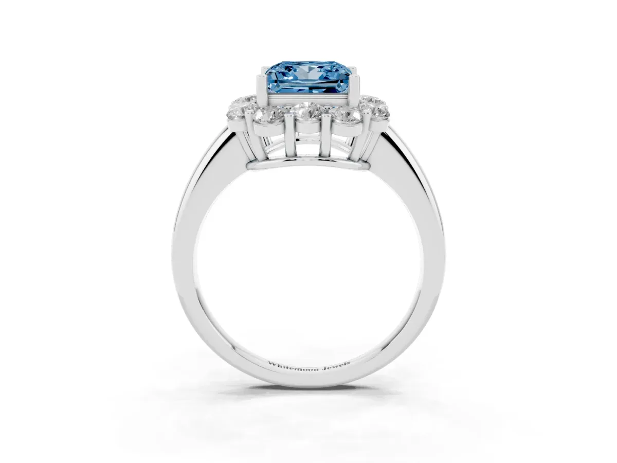 Fancy Blue Princess Cut Halo Milgrain Solitaire with Bezel Set Side Stones and Pave Band Platinum