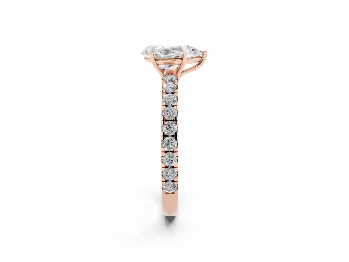 Pear Cut Diamond Pavé Solitaire Engagement Ring with Four-Prong Setting Rose gold