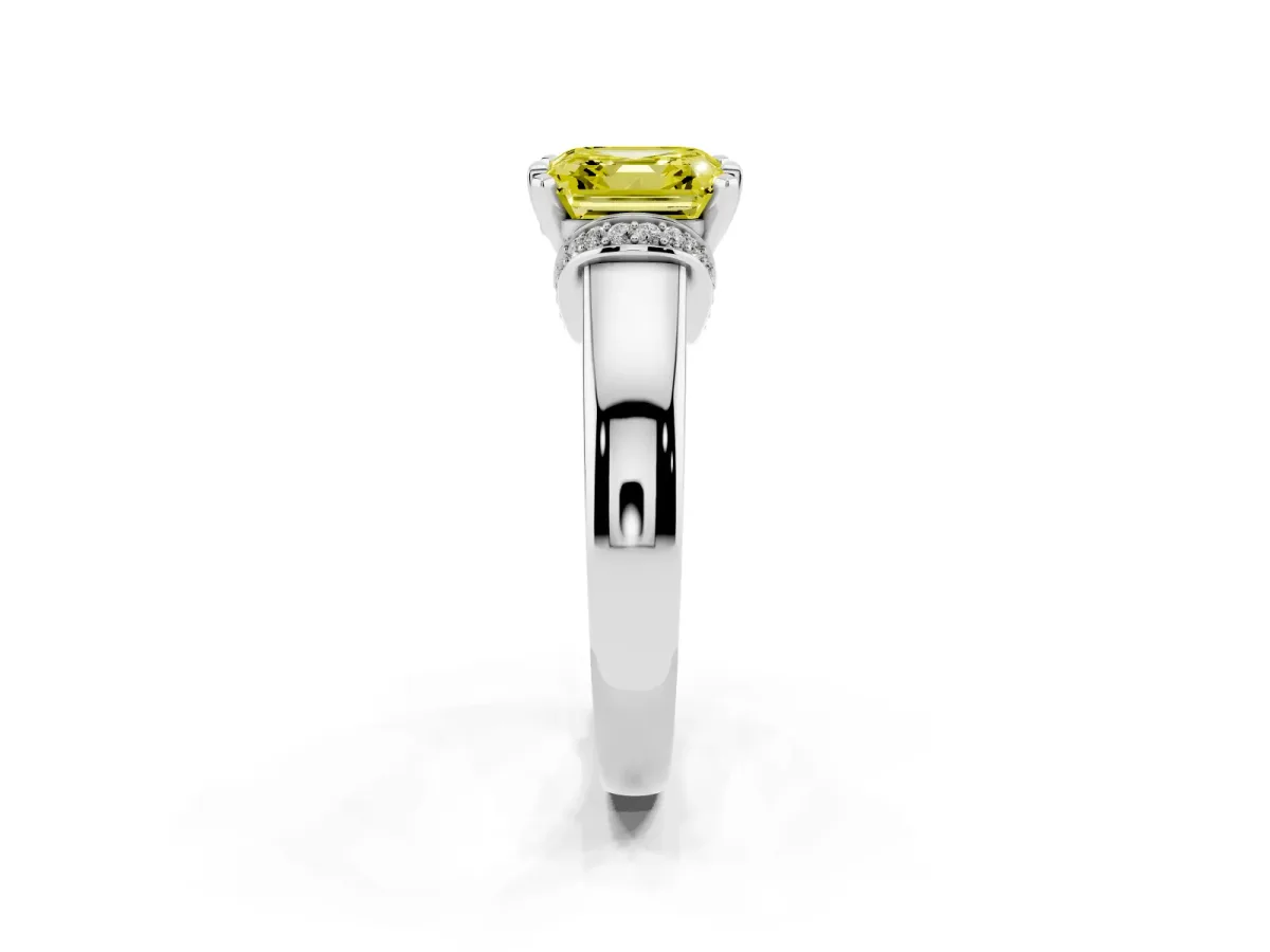 Fancy Yellow Asscher Cut Solitaire Diamond Ring with Pave Band and Six-Prong Setting Platinum