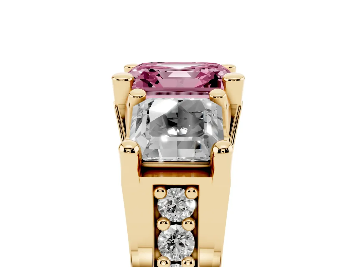 Fancy Pink Asscher Cut Diamond Three-Stone Ring with Channel Set Band and Four-Prong Setting Yellow gold