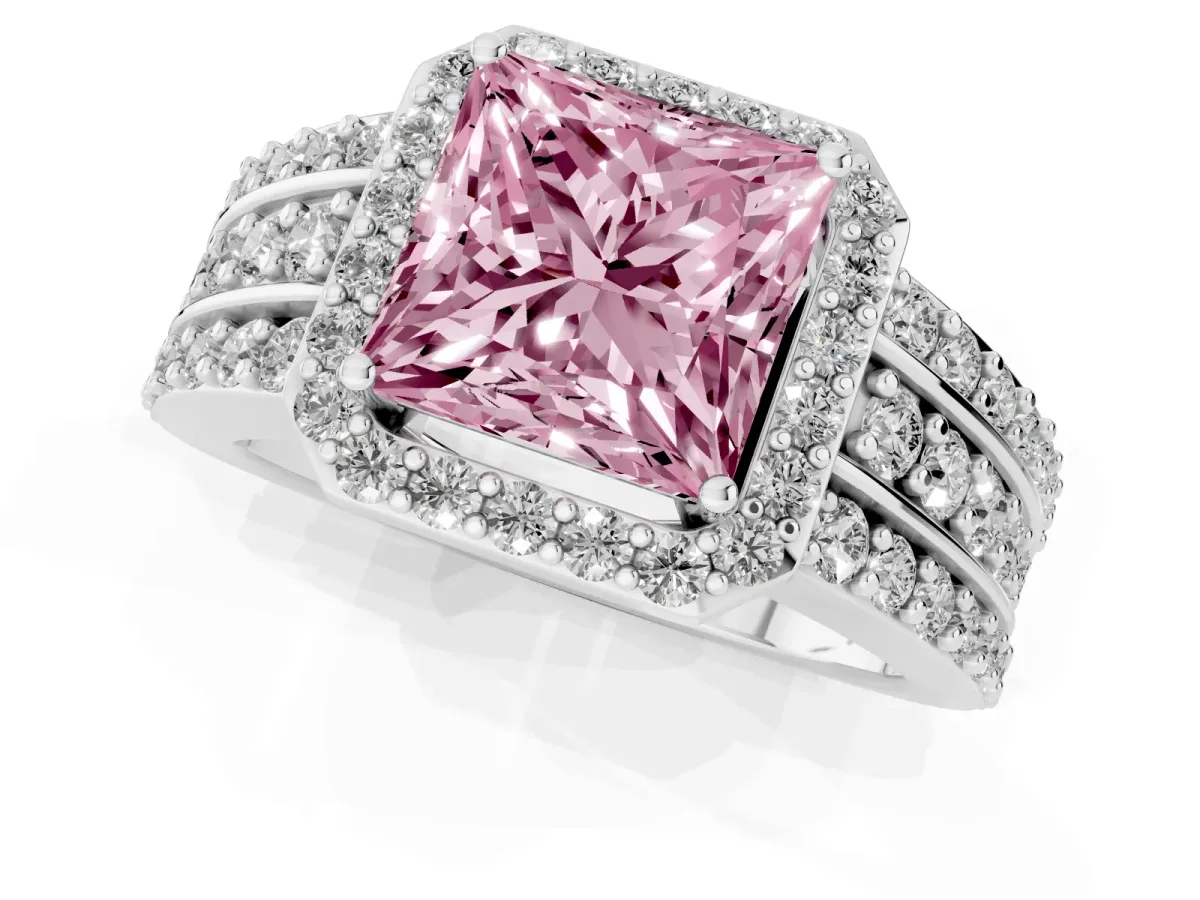 Fancy Pink Princess Cut Halo Diamond Ring with Round Split Shank and Prong Setting Silver
