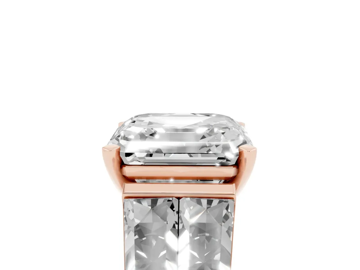 Asscher Cut Diamond Engagement Ring with Baguette Side Stones and Channel Set Band Rose gold