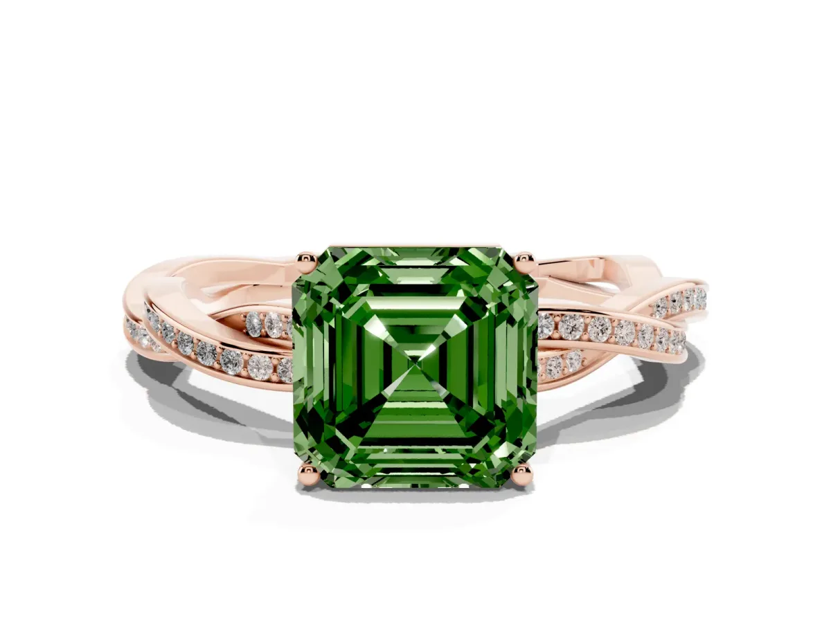 Fancy Green Asscher Cut Solitaire Twisted Pave Diamond Ring with Four-Prong Setting Rose gold