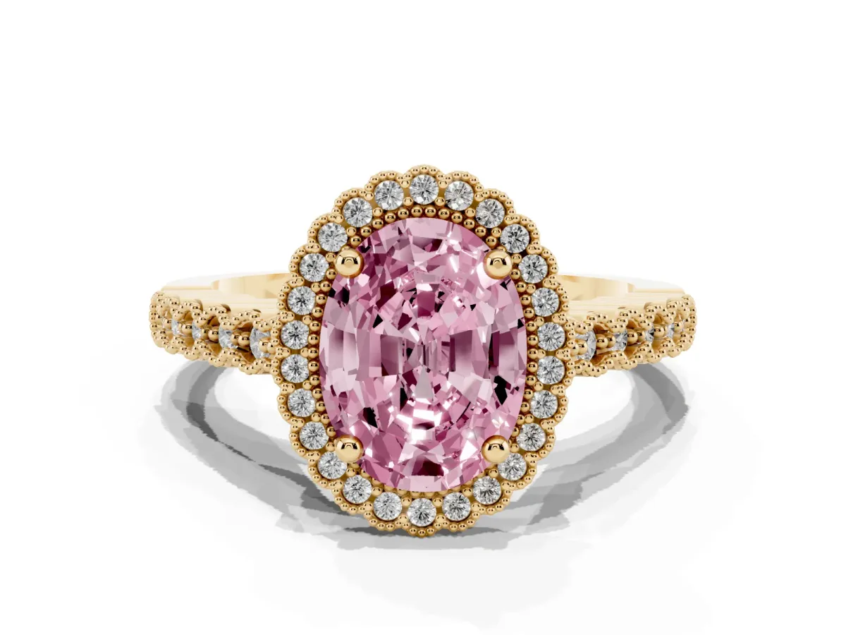 Fancy Pink Oval Cut Cut Halo Pavé Solitaire Ring with Milgrain Band Yellow gold