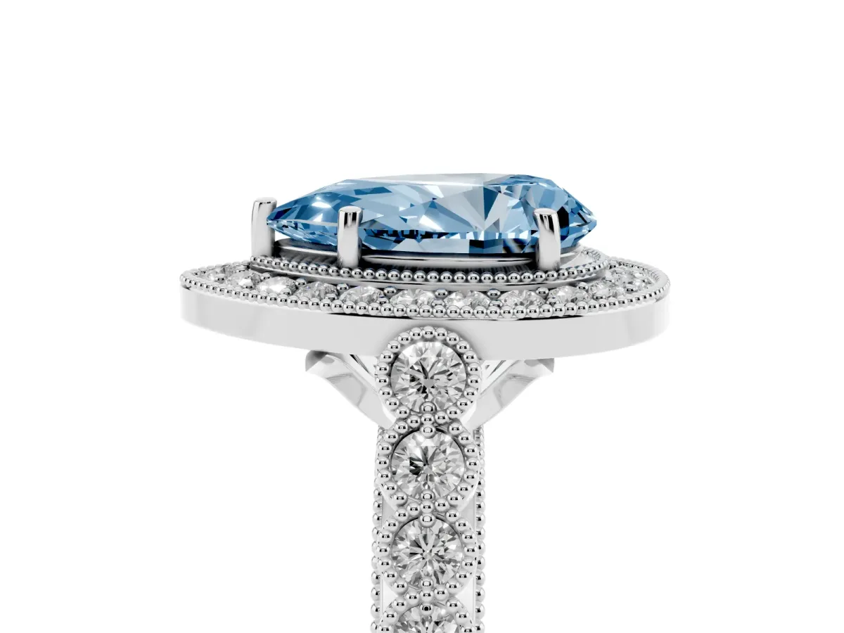 Fancy Blue Pear Cut Halo Twist Band Solitaire Ring with Six-Prong Setting Silver