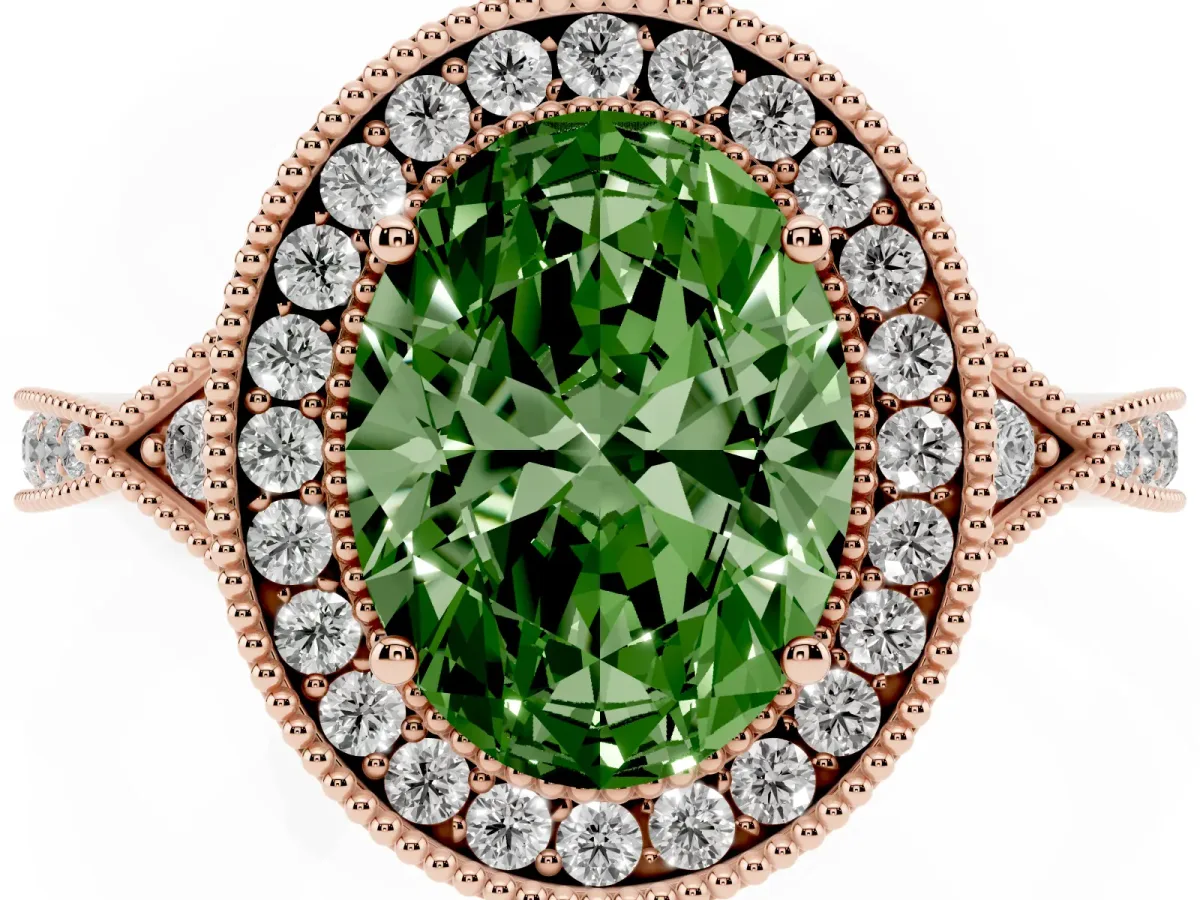 Fancy Green Oval Cut Halo Round Diamond Milgrain Pave Engagement Ring Rose gold