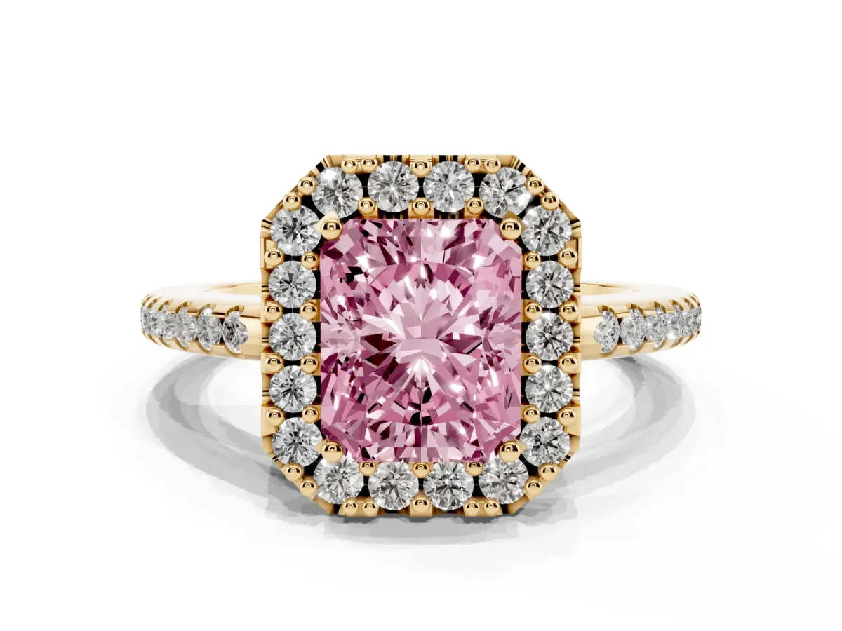 Fancy Pink Radiant Cut Diamond Pavé Halo Ring with Four-Prong Setting Yellow gold