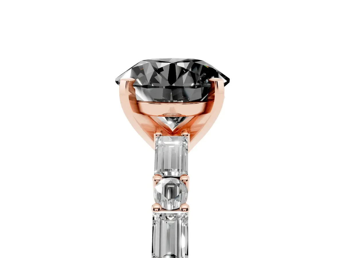Fancy Black Round Cut Diamond Solitaire with Side Baguettes and Channel Set Band Rose gold
