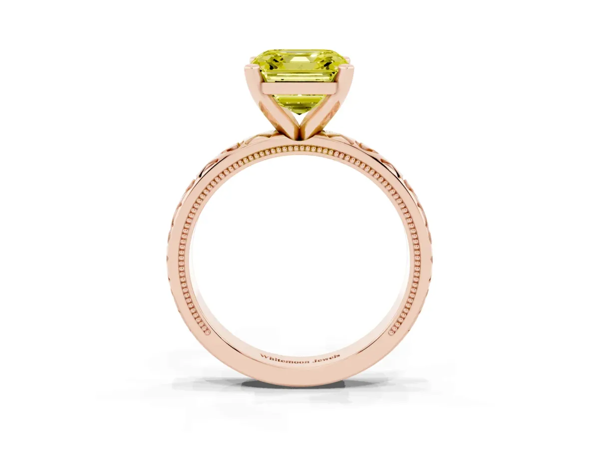 Fancy Yellow Asscher Cut Solitaire Diamond Engagement Ring with XO Engraved Band and Four-Prong Setting Rose gold