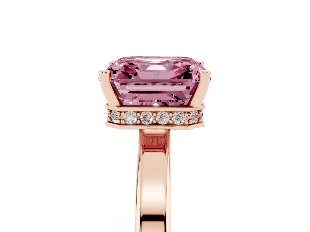 Fancy Pink Asscher Cut Cut Solitaire Engagement Ring with Four-Prong Setting on a Classic Band Rose gold
