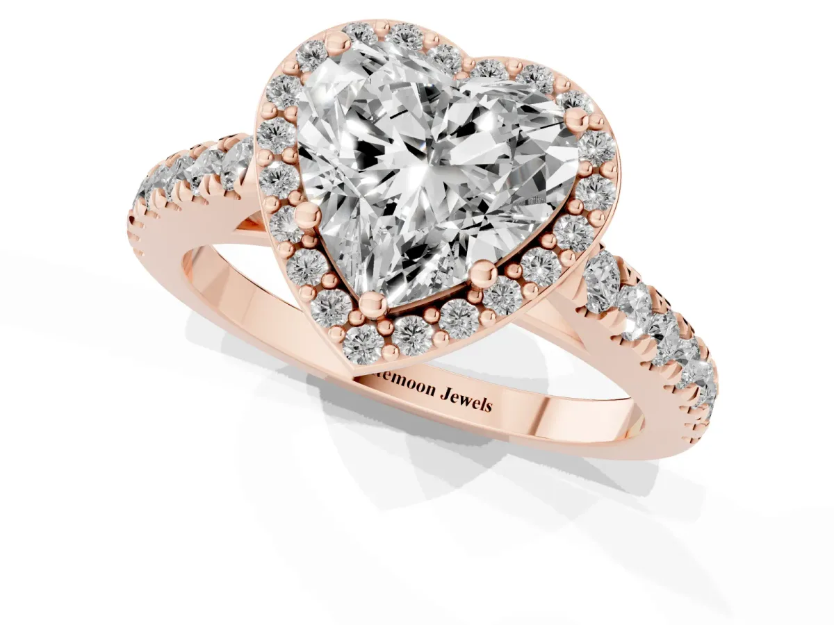 Heart Cut Cut Halo Diamond Engagement Ring with Pave Band and Four-Prong Setting Rose gold
