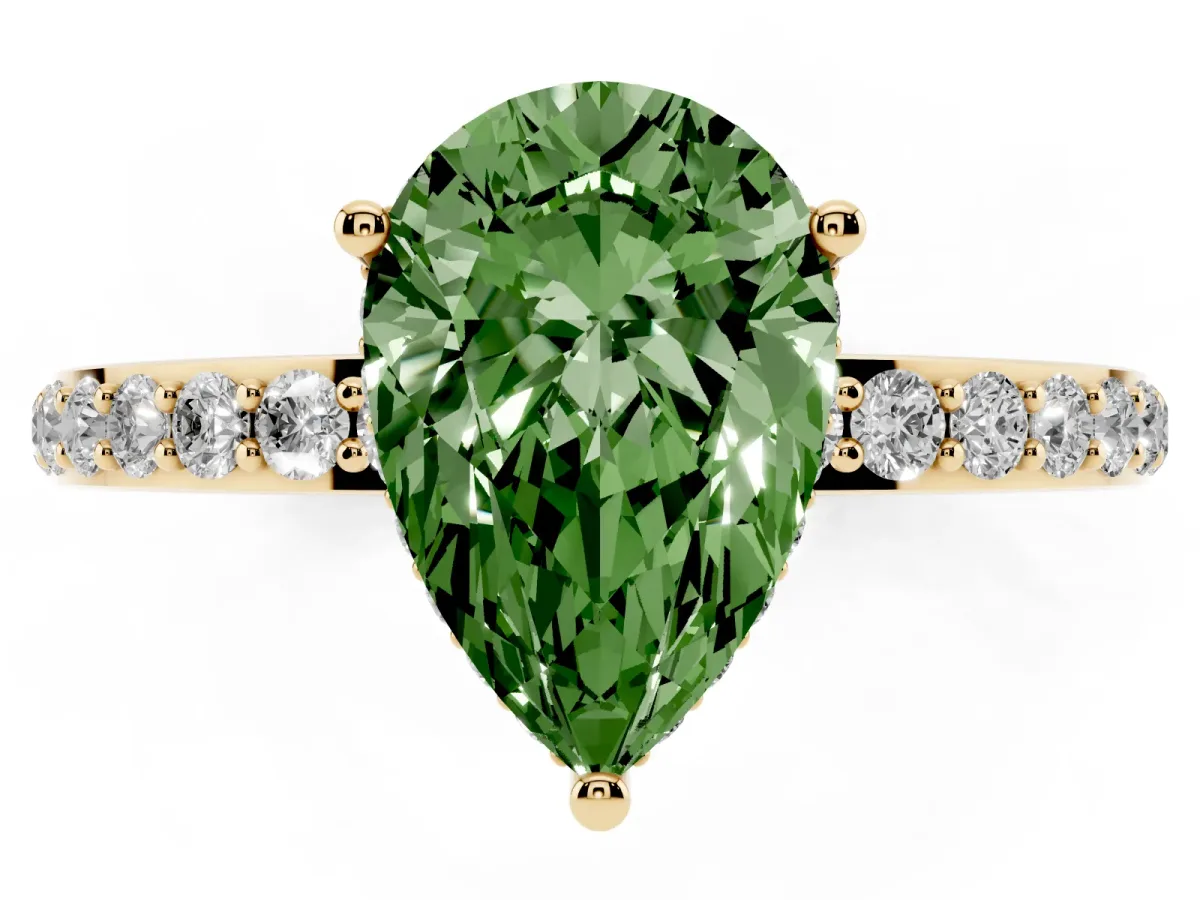 Fancy Green Pear Cut Diamond Solitaire Ring with Pavé Band and Hidden Halo Yellow gold