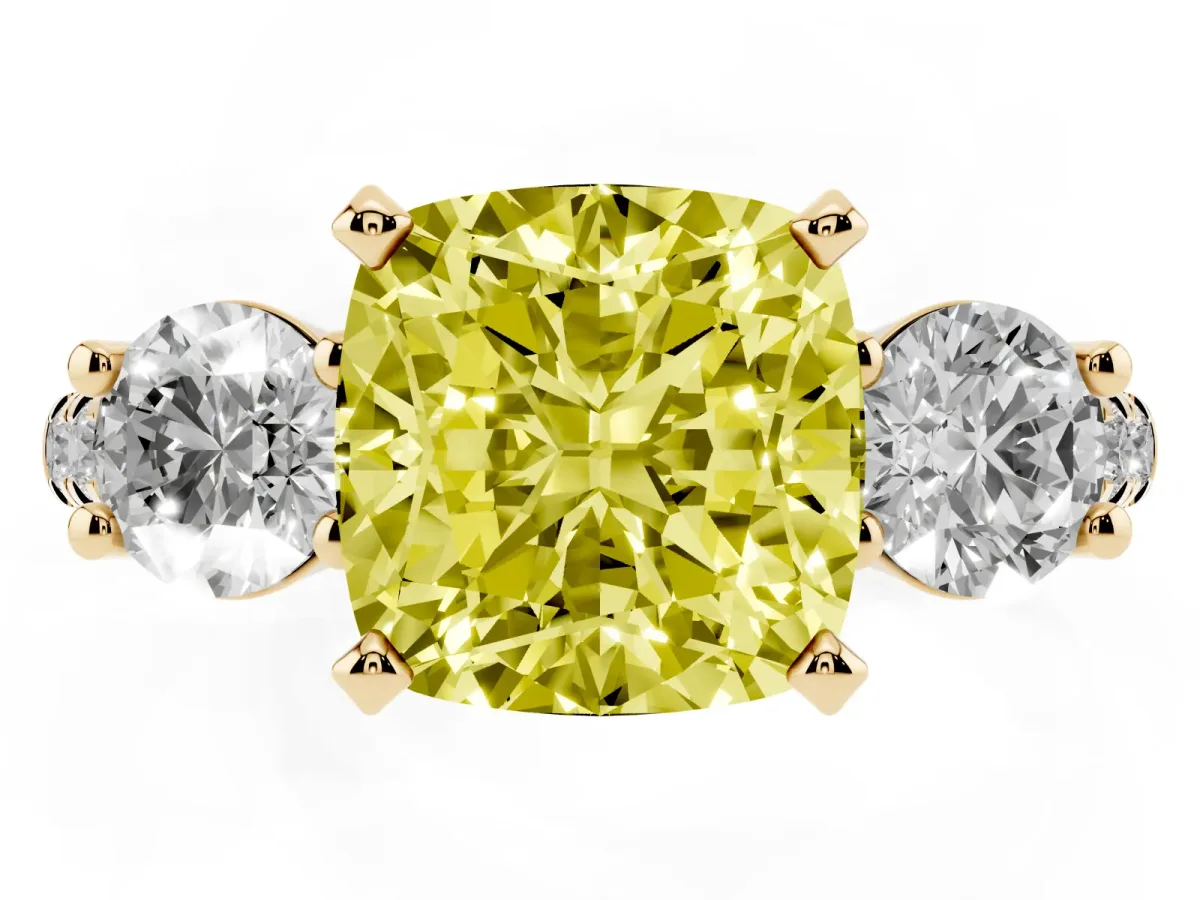 Fancy Yellow Three-Stone Cushion Cut Diamond Pavé Band with Four-Prong Setting Yellow gold