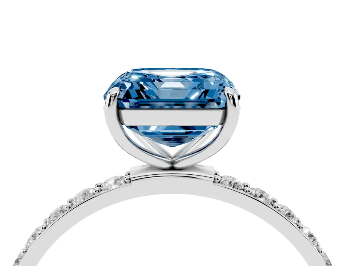 Fancy Blue Asscher Cut Diamond Solitaire Ring with Round Pavé Shoulders and Prong Setting Platinum