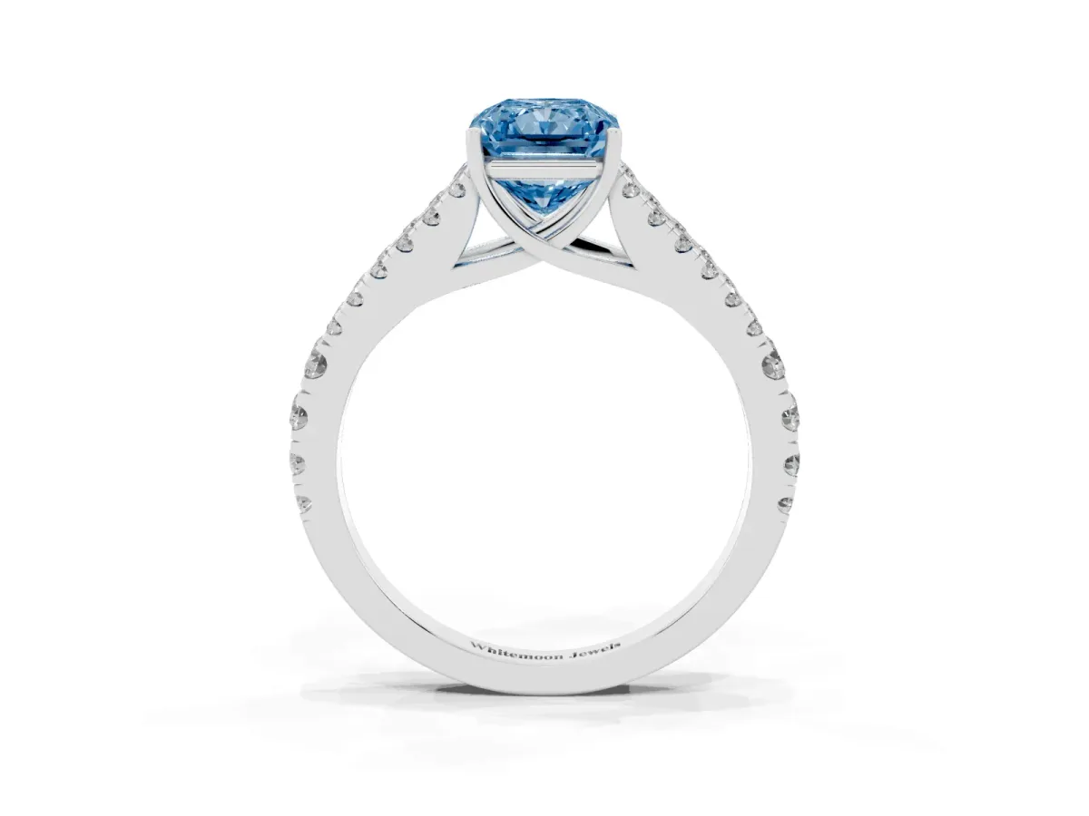 Fancy Blue Radiant Cut Diamond Split Shank Engagement Ring with Round Pavé and Prong Setting Silver