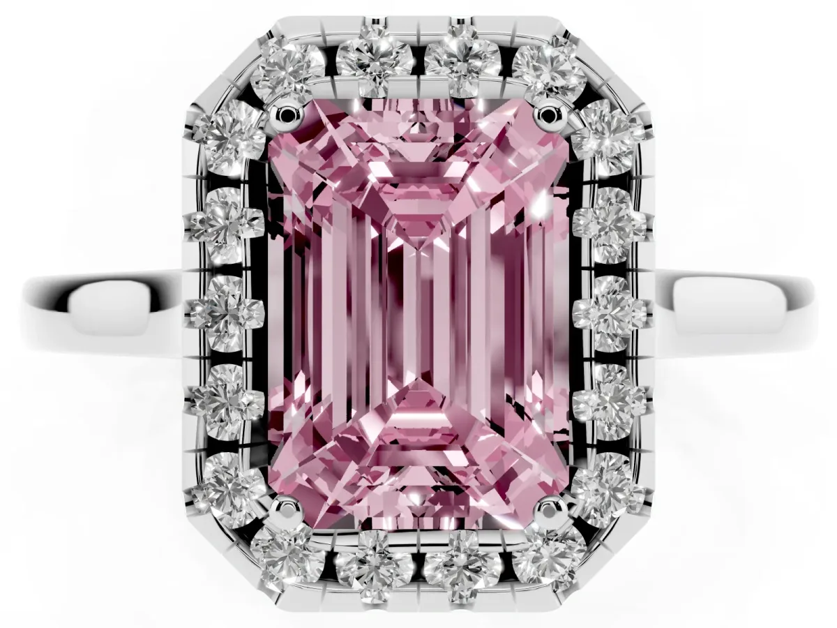 Fancy Pink Emerald Cut Halo Round Diamond Solitaire Ring with Pavé Band and Four-Prong Setting White gold