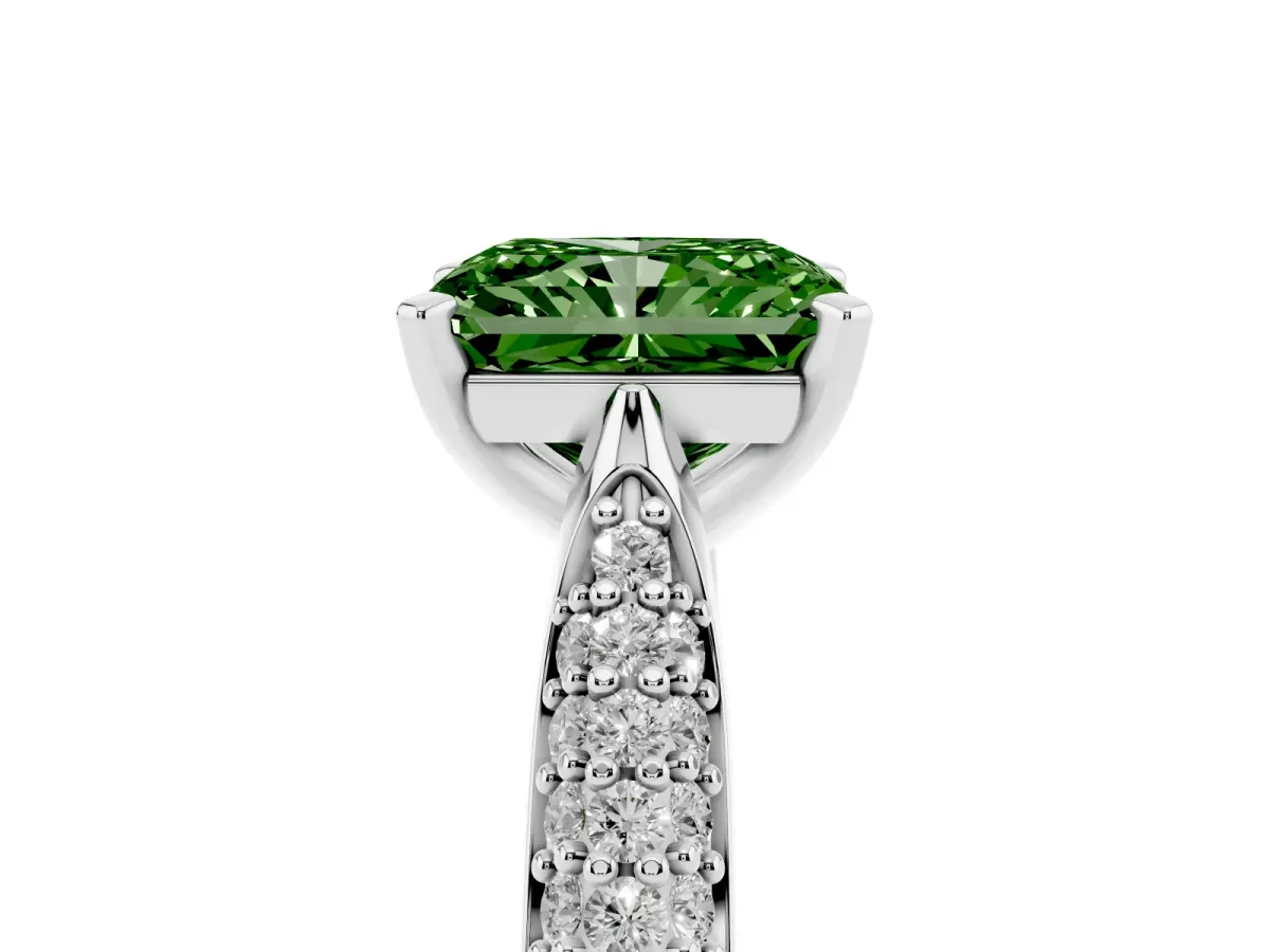 Fancy Green Radiant Cut Diamond Solitaire Engagement Ring with Multi-Row Round Pavé Band and Prong Setting White gold