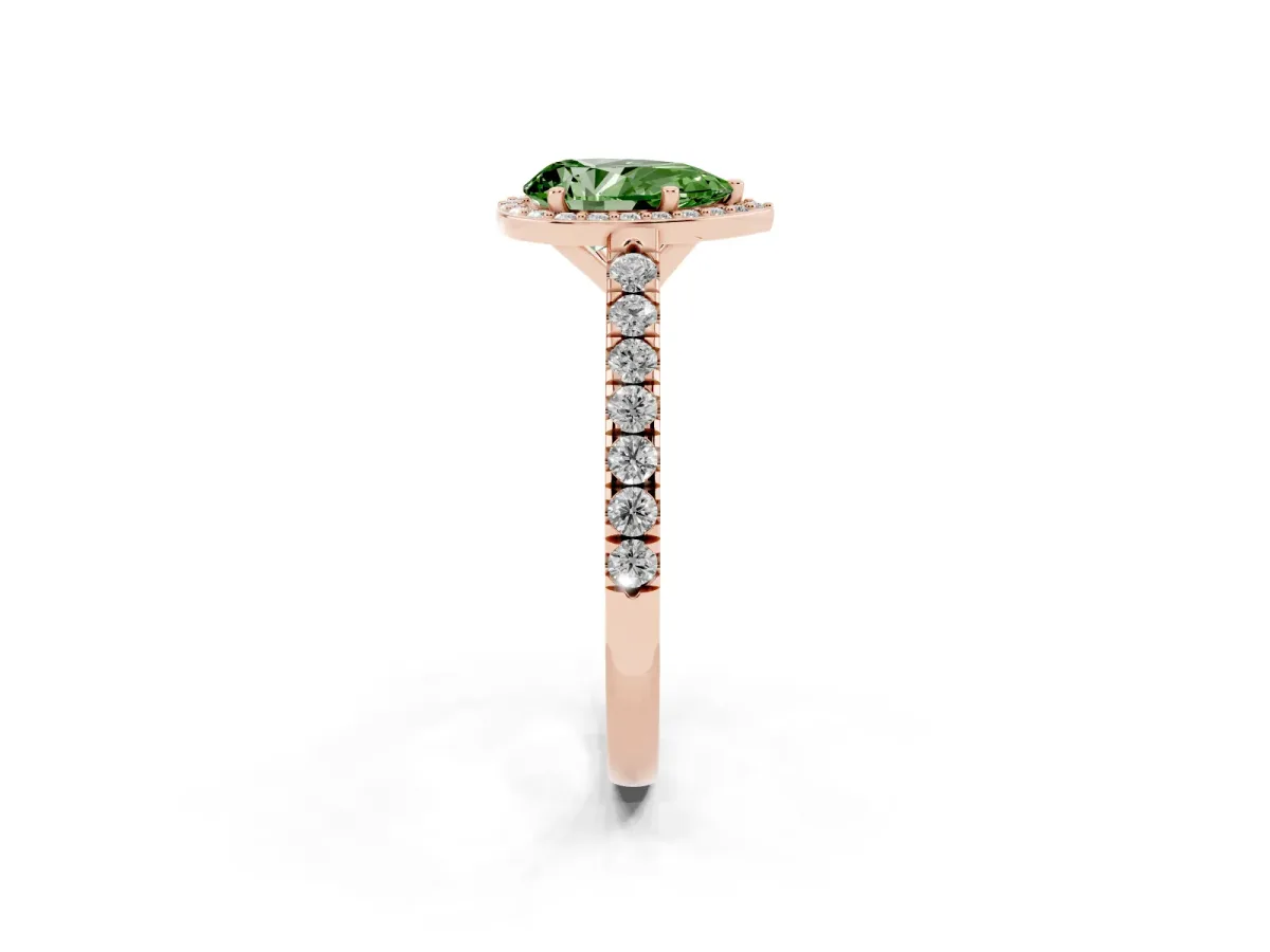Fancy Green Pear Cut Cut Halo Diamond Engagement Ring with Pave Band and Four-Prong Setting Rose gold