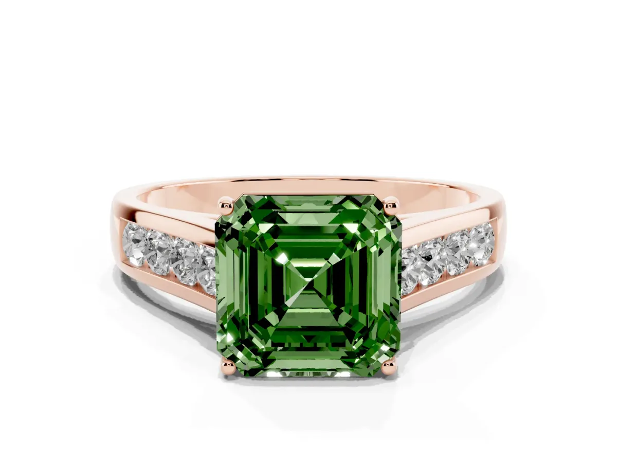 Fancy Green Asscher Cut Brilliant Channel-Set Solitaire Ring with Four-Prong Setting Rose gold