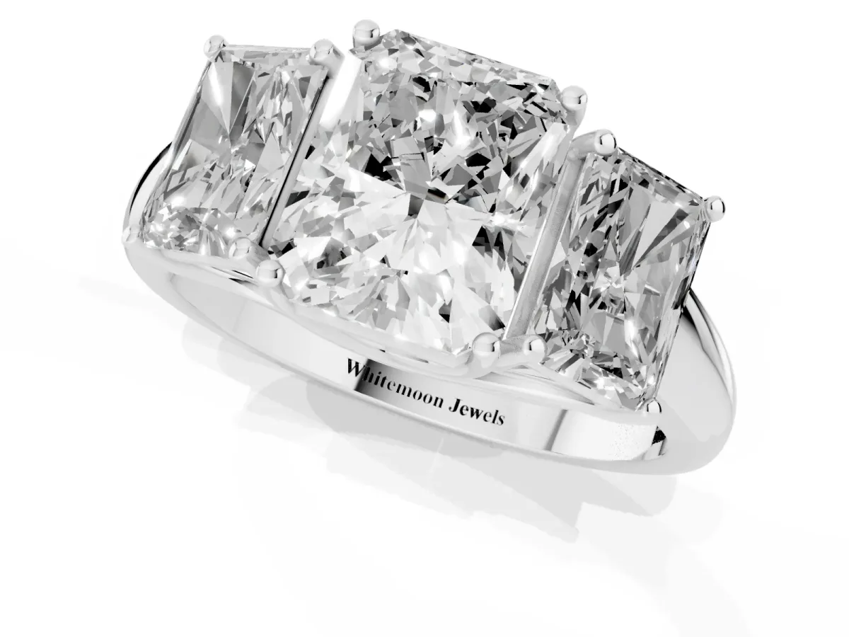 Three-Stone Radiant Cut Diamond Engagement Ring with Prong Setting Silver