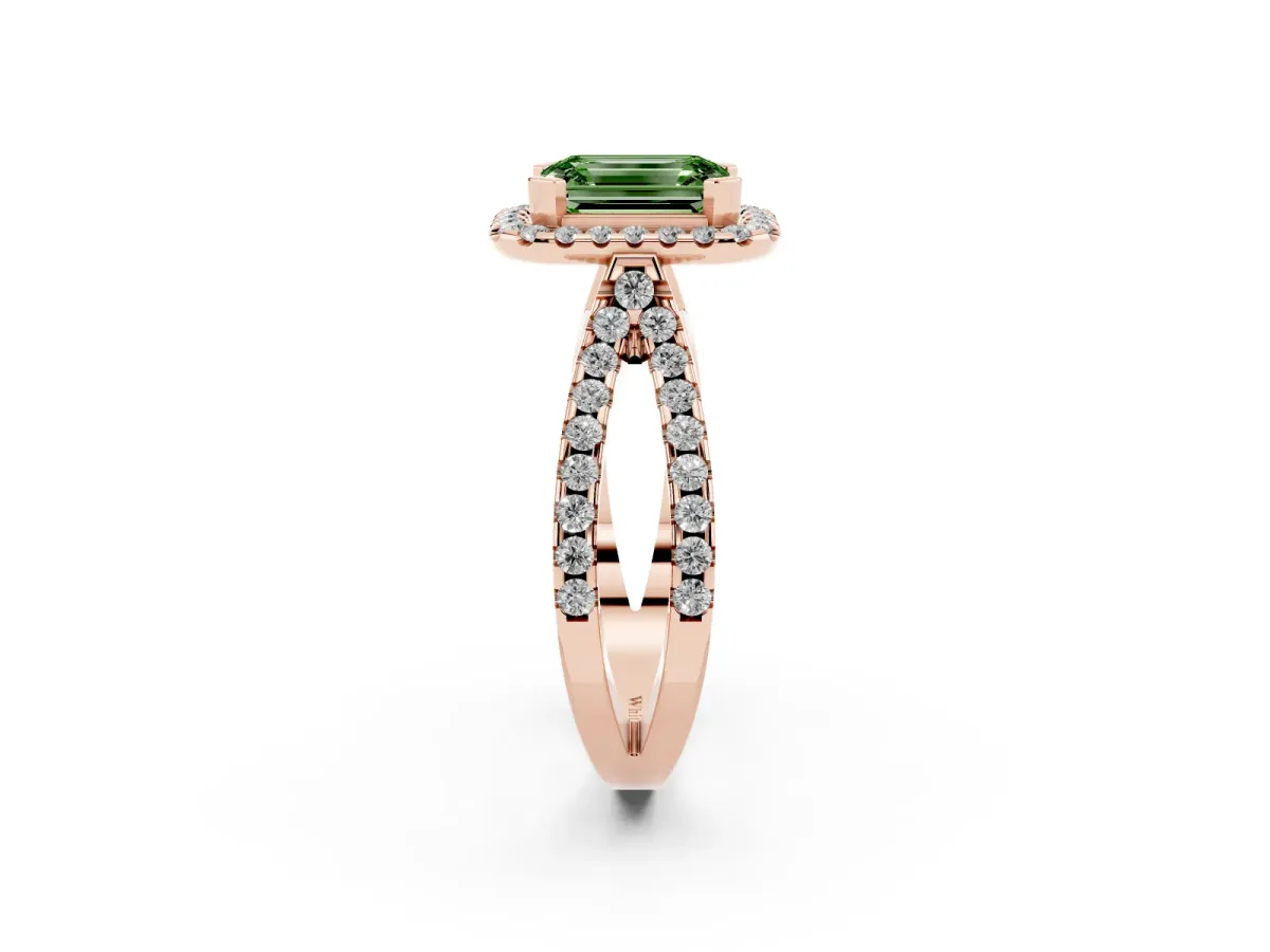 Fancy Green Emerald Cut Diamond Halo Ring with Split Shank Pavé Band and Prong Setting Rose gold