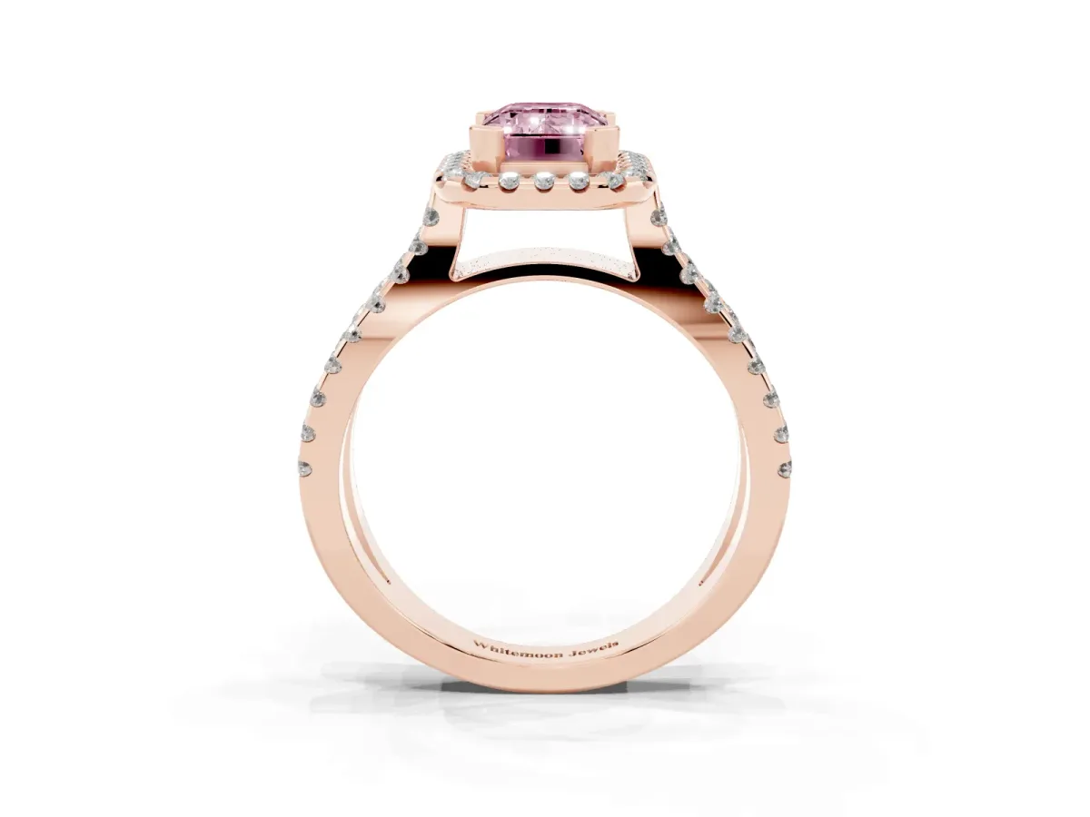 Fancy Pink Emerald Cut Diamond Halo Ring with Split Shank Pavé Band and Prong Setting Rose gold