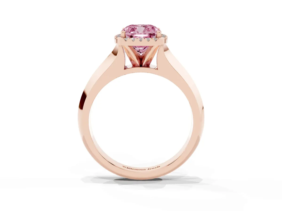 Fancy Pink Cushion Cut Halo Diamond Ring with Cathedral Band and Four-Prong Setting Rose gold