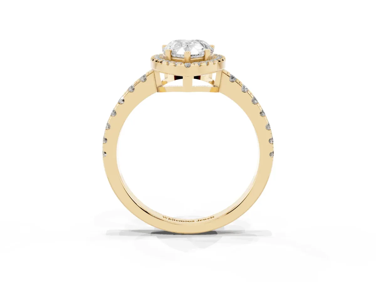 Pear Cut Diamond Halo Ring with Pavé Band and Four-Prong Setting Yellow gold
