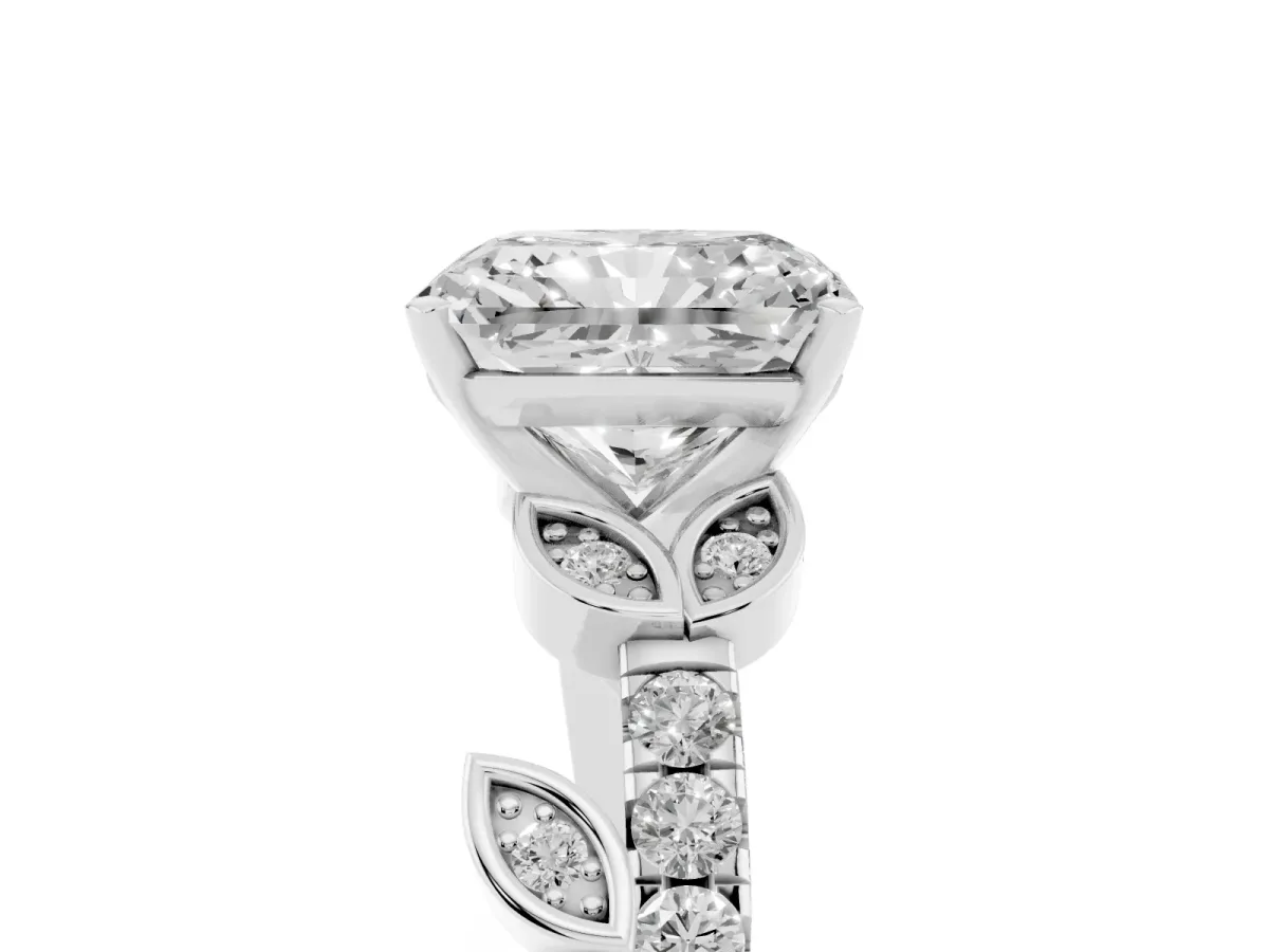 Radiant Cut Solitaire Leaf-Inspired Diamond Ring with Pavé Band and Four-Prong Setting Silver
