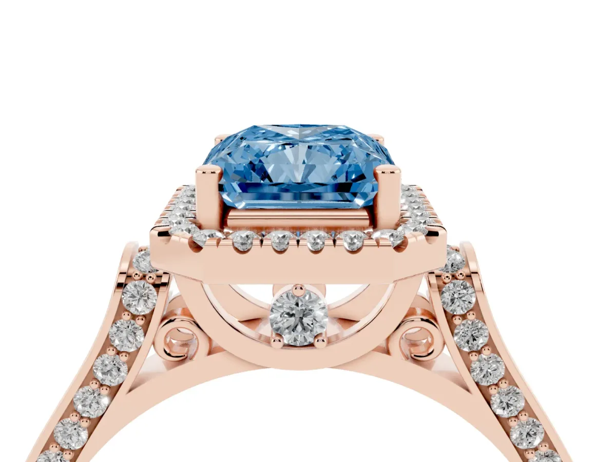 Fancy Blue Radiant Cut Halo Pave Split Shank Prong Setting Ring Rose gold