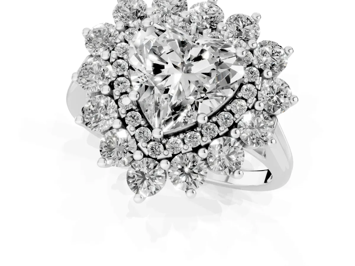 Heart Cut Diamond Floral Double Halo Engagement Ring with Prong Setting Silver