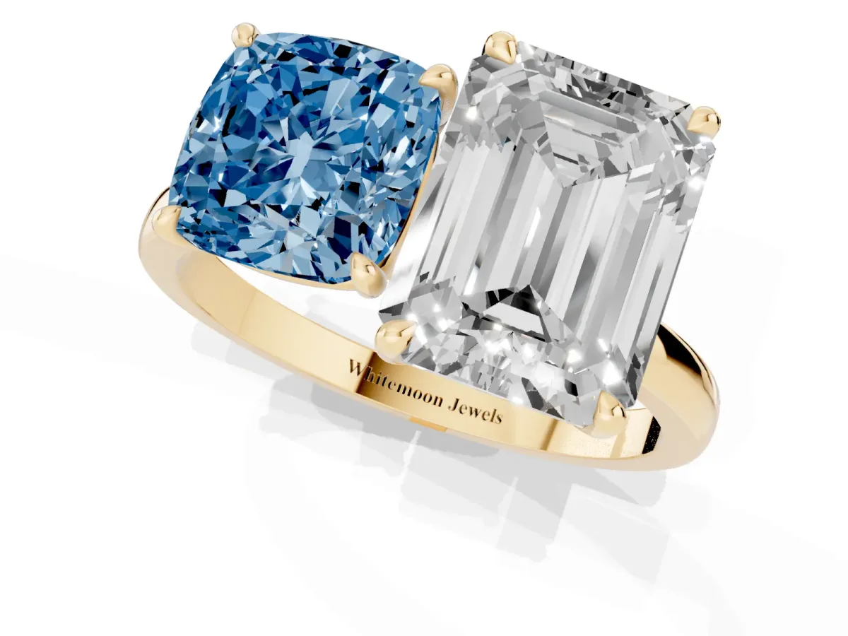 Fancy Blue Cushion Cut and Emerald Cut Toi Moi Ring with Prong Setting Yellow gold