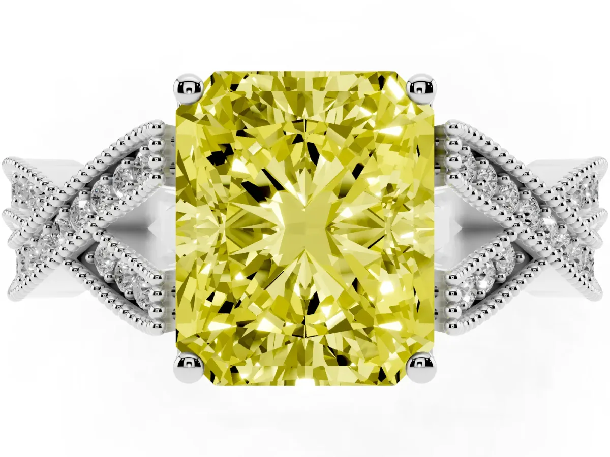 Fancy Yellow Radiant Cut Cut Diamond Twisted Band with Milgrain Pave Setting and Four-Prong Setting White gold