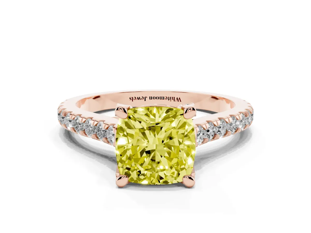 Fancy Yellow Cushion Cut Brilliant Diamond Solitaire with Pavé Band and Four-Prong Setting Rose gold