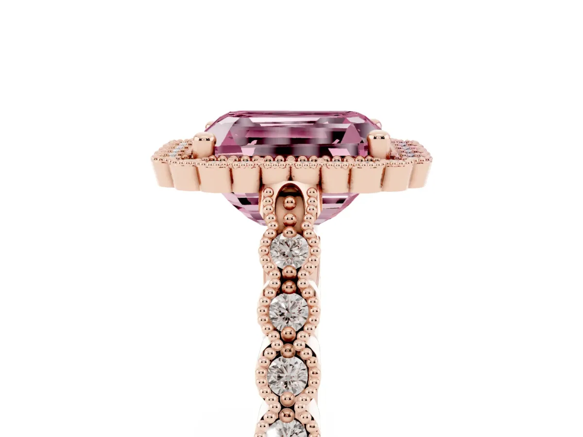Fancy Pink Radiant Cut Cut Halo Pavé Solitaire Ring with Milgrain Band Rose gold