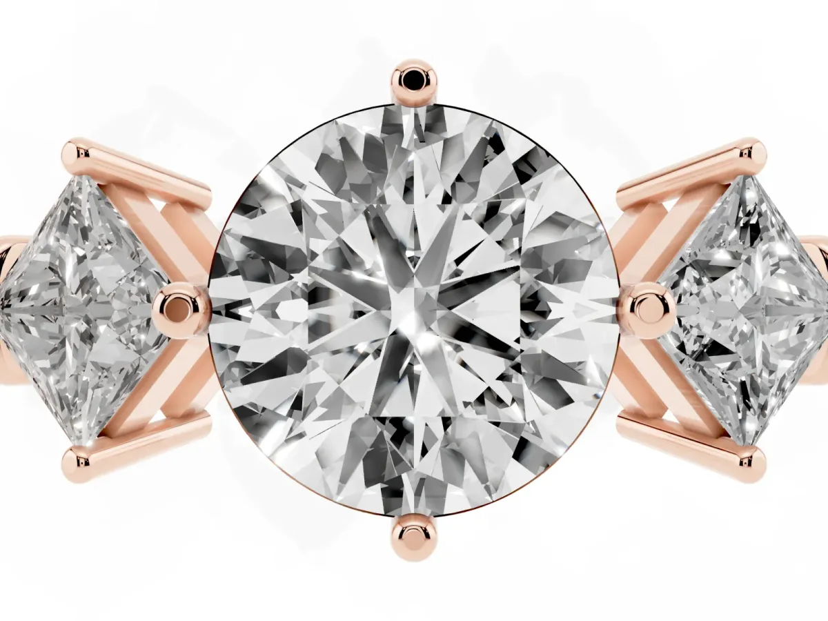 Three-Stone Round Cut and Princess Cut Diamond Ring with Channel Band and Four-Prong Setting Rose gold