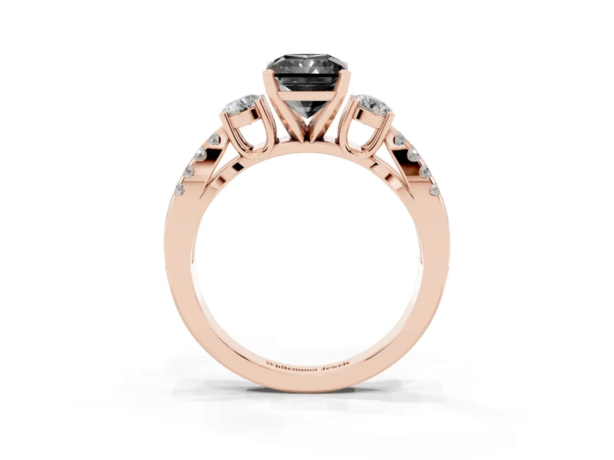Fancy Black Radiant Cut Diamond Three-Stone Ring with Pavé Split Shank and Four-Prong Setting Rose gold