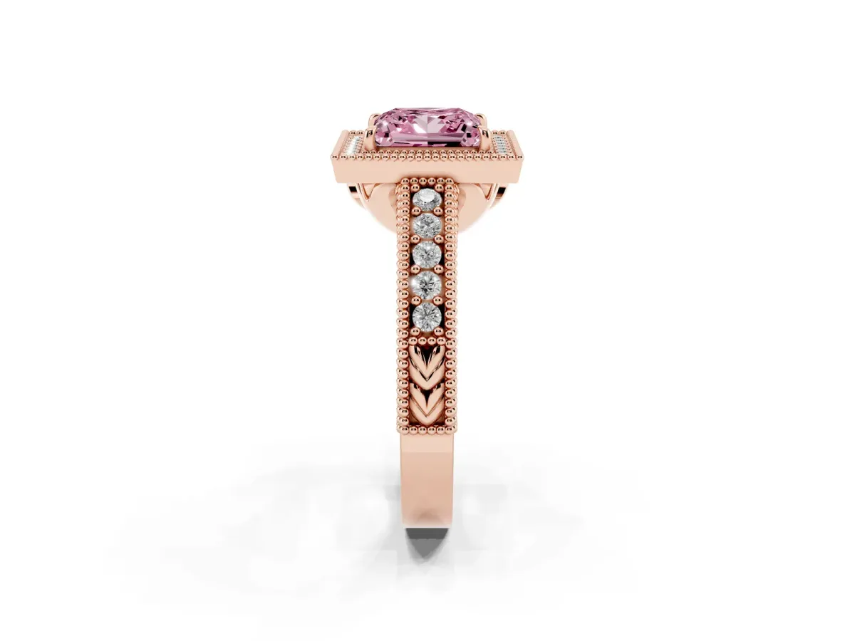 Fancy Pink Princess Cut Cut Halo Diamond Ring with Pavé Band and Four-Prong Setting Rose gold