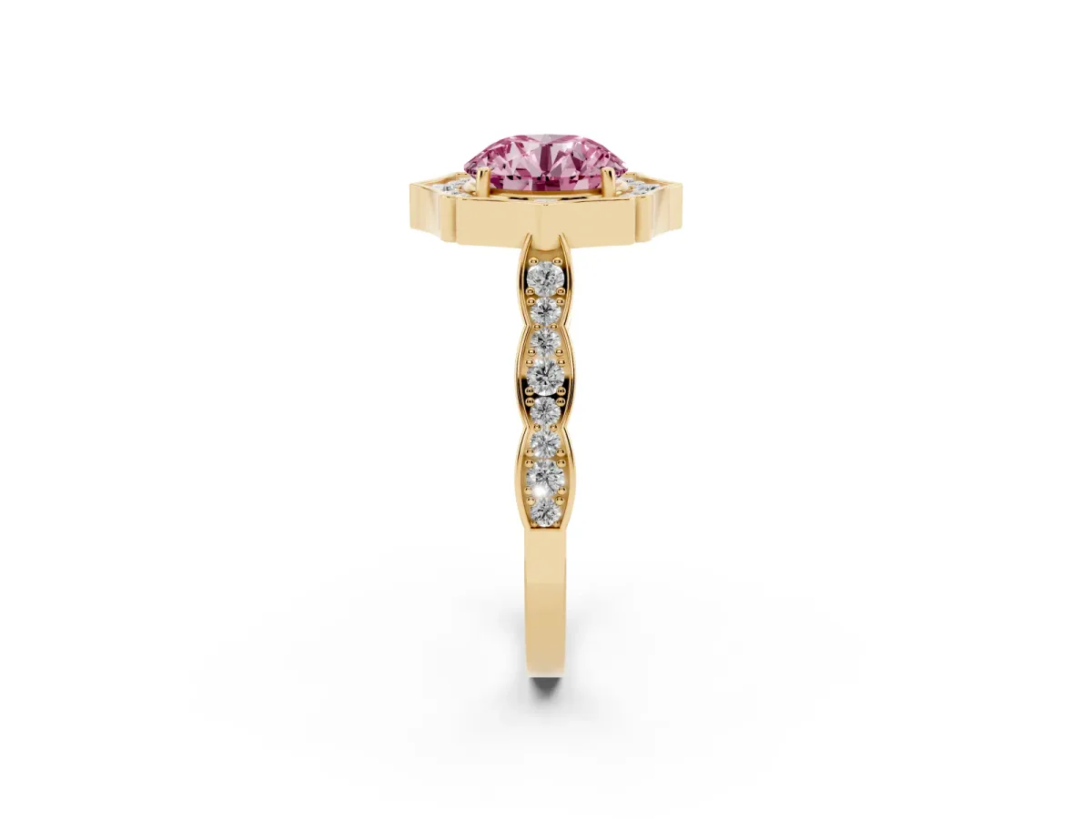 Fancy Pink Round Cut Halo Diamond Engagement Ring with Milgrain Band and Four-Prong Setting Yellow gold