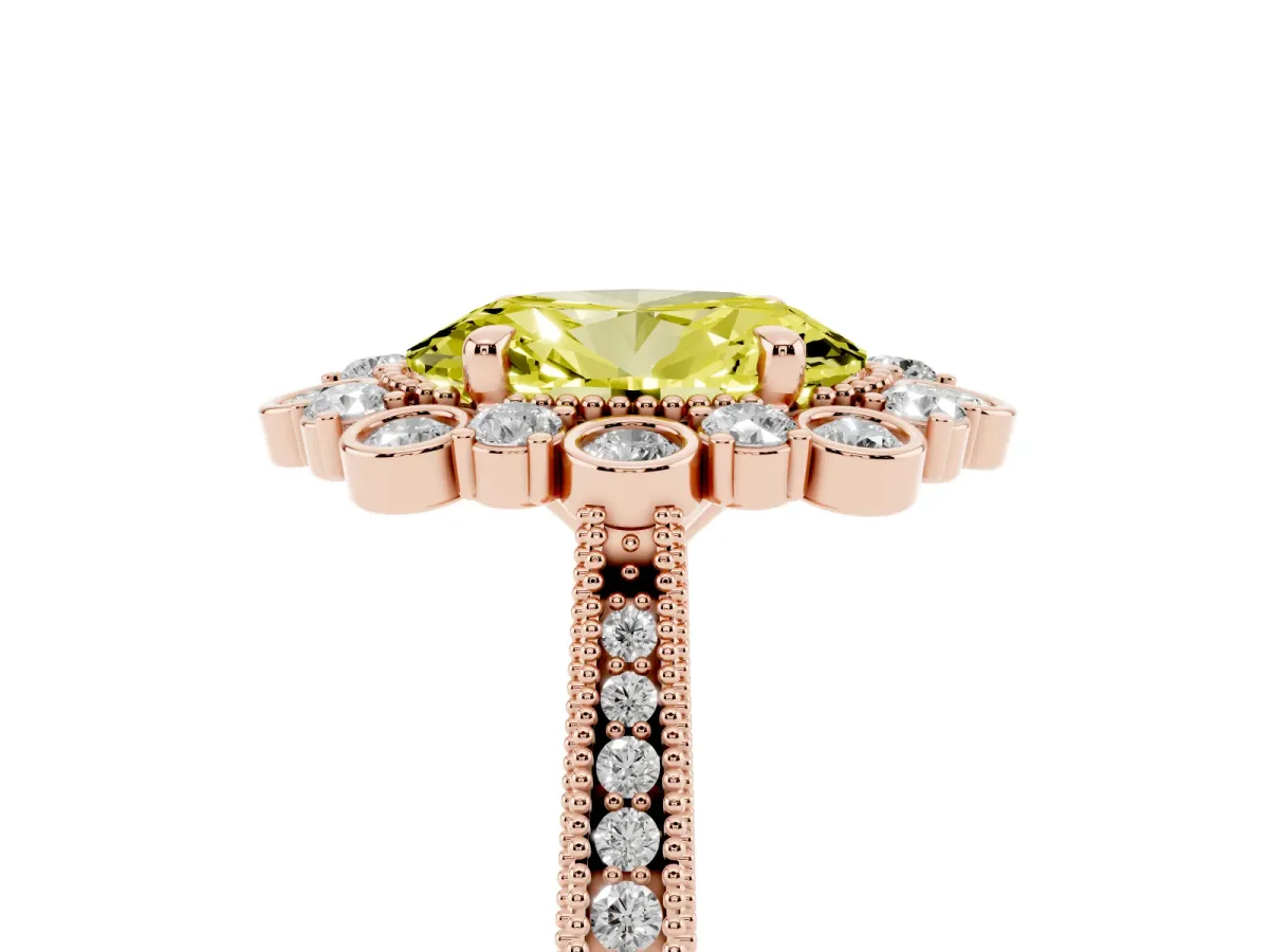 Fancy Yellow Oval Cut Halo Milgrain Pave Diamond Ring with Four-Prong Setting Rose gold