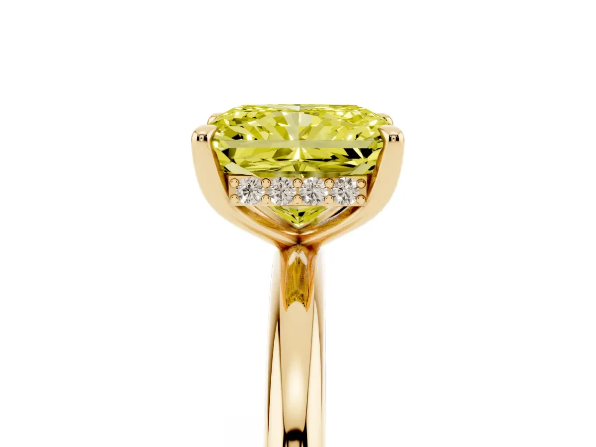 Fancy Yellow Radiant Cut Diamond Solitaire Ring with Thin Band and Four-Prong Setting Yellow gold